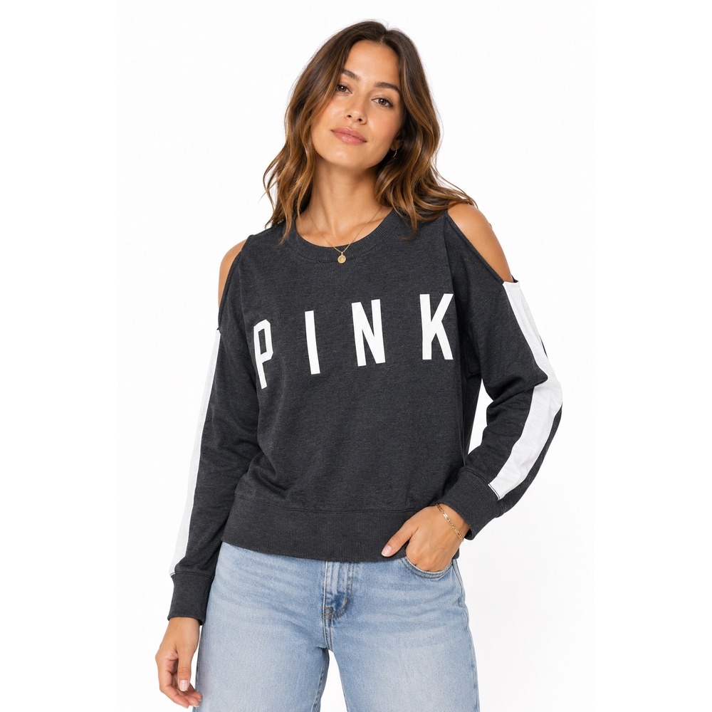 PINK Victoria's Secret Cold Shoulder Sweatshirt Gray White Logo Small S
